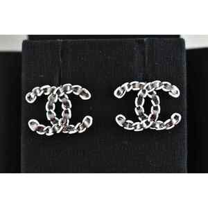Chanel 22P Ruthenium Silver White Chain CC Logo Drop Statement Stud Earrings